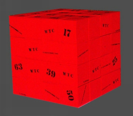 Photo des 64 cubes rouge empilés, représentant un gros cube.